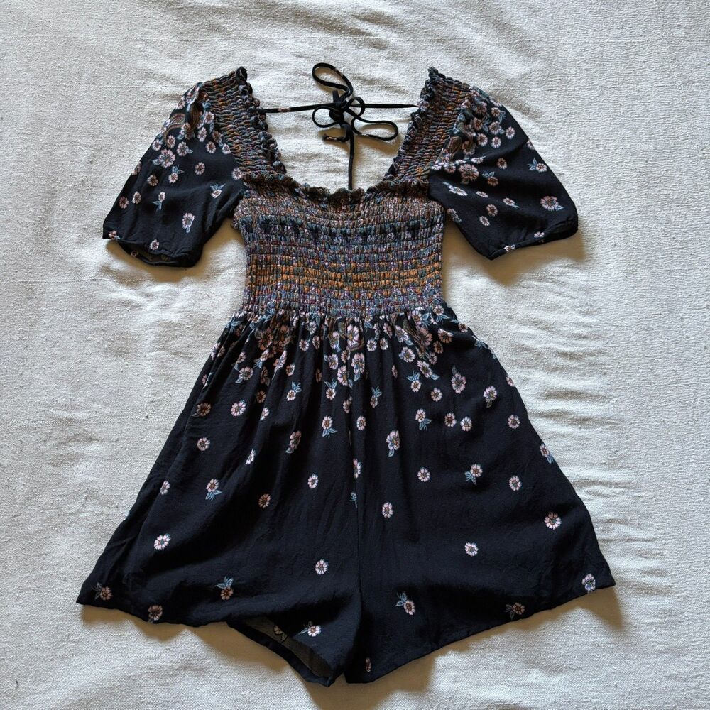 Free People Floral Smocked Puff Sleeve Romper Black XS